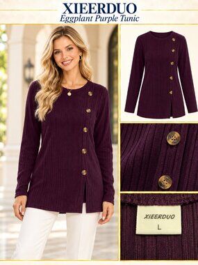 XIEERDUO Purple Ribbed Knit Sweater Large Long Sleeve Button Detail